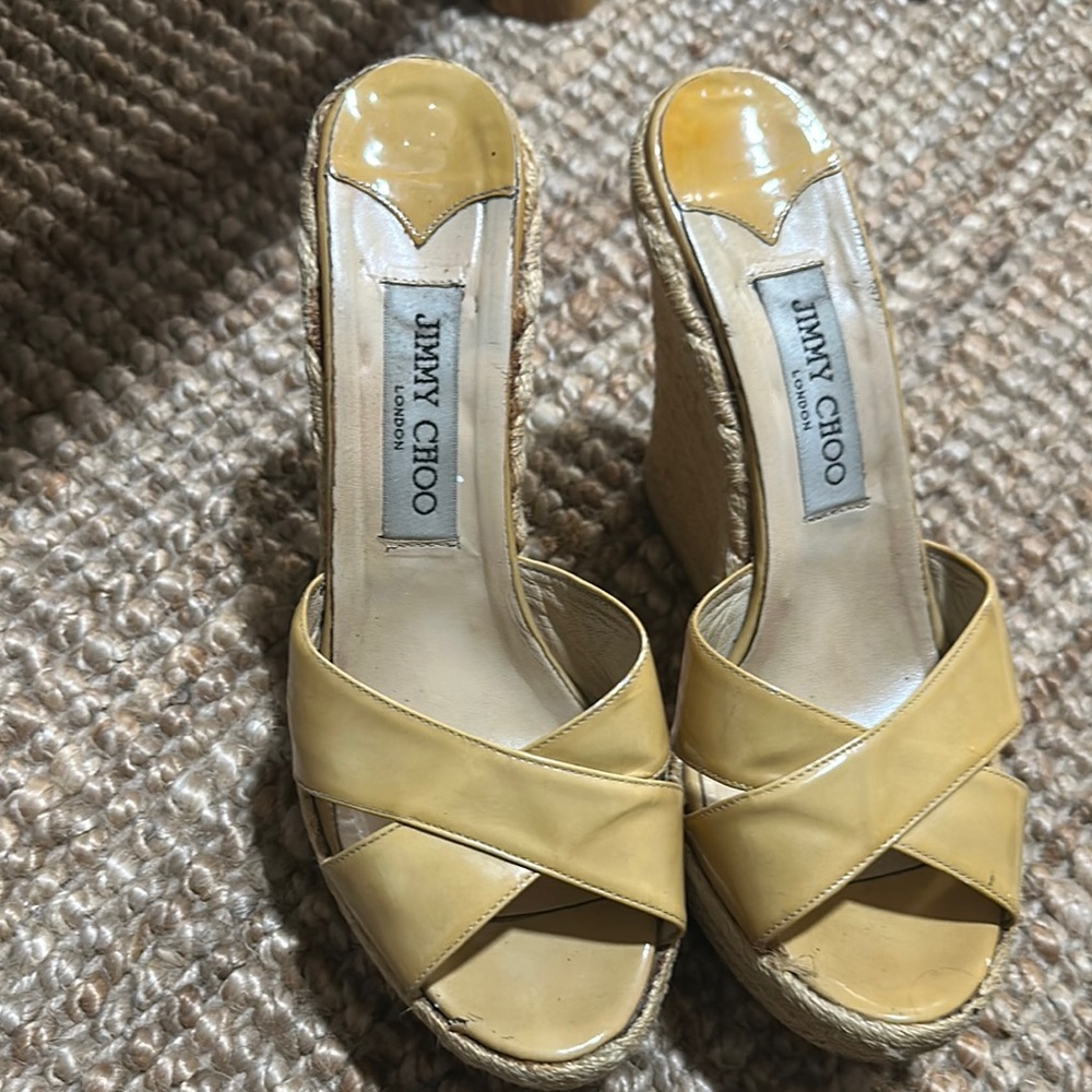 Jimmy Choo Yellow Leather Espadrille Wedge Sandals